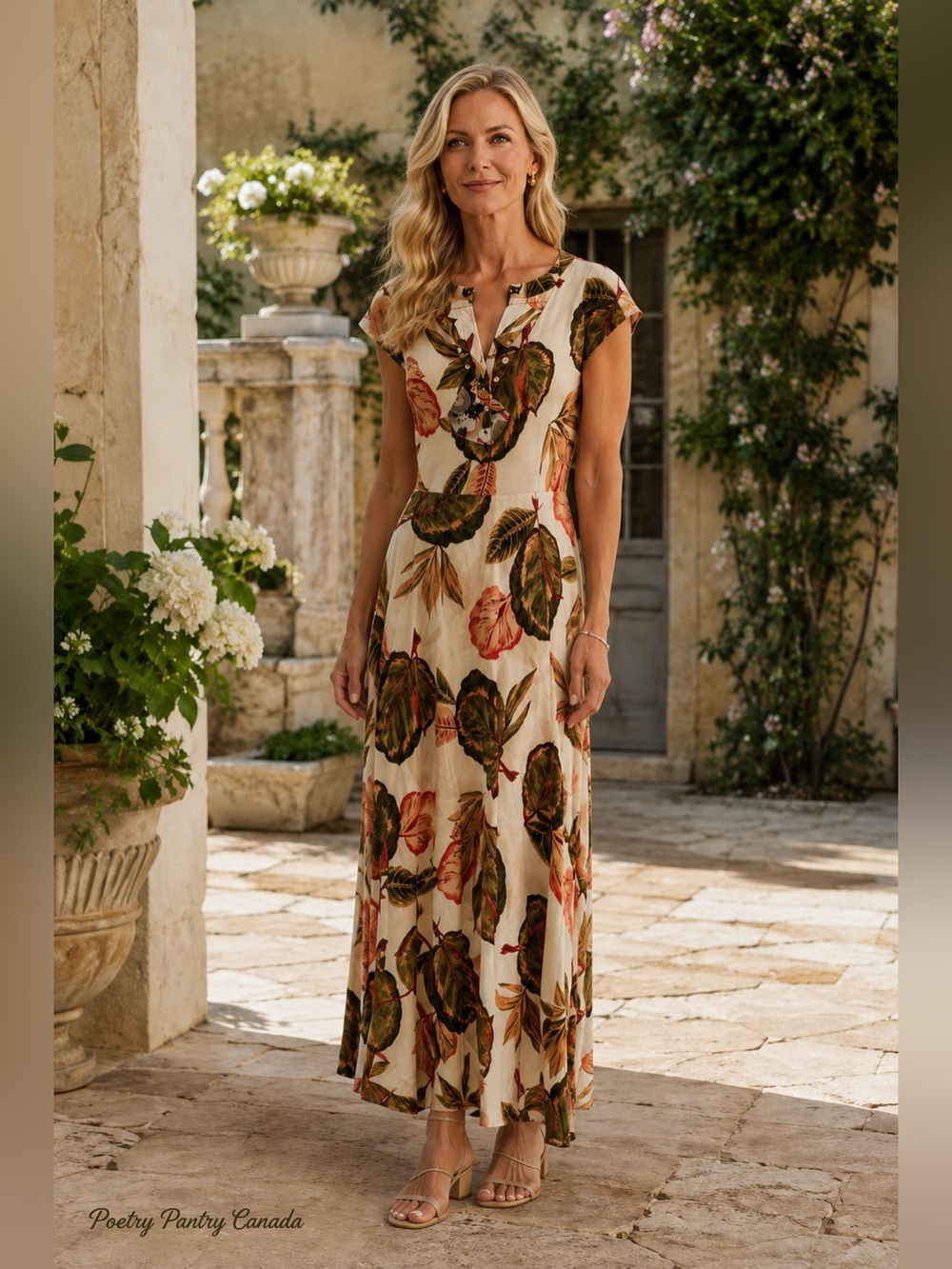 Floral Tropical Print Dress in Cream and Green 🌿🧡